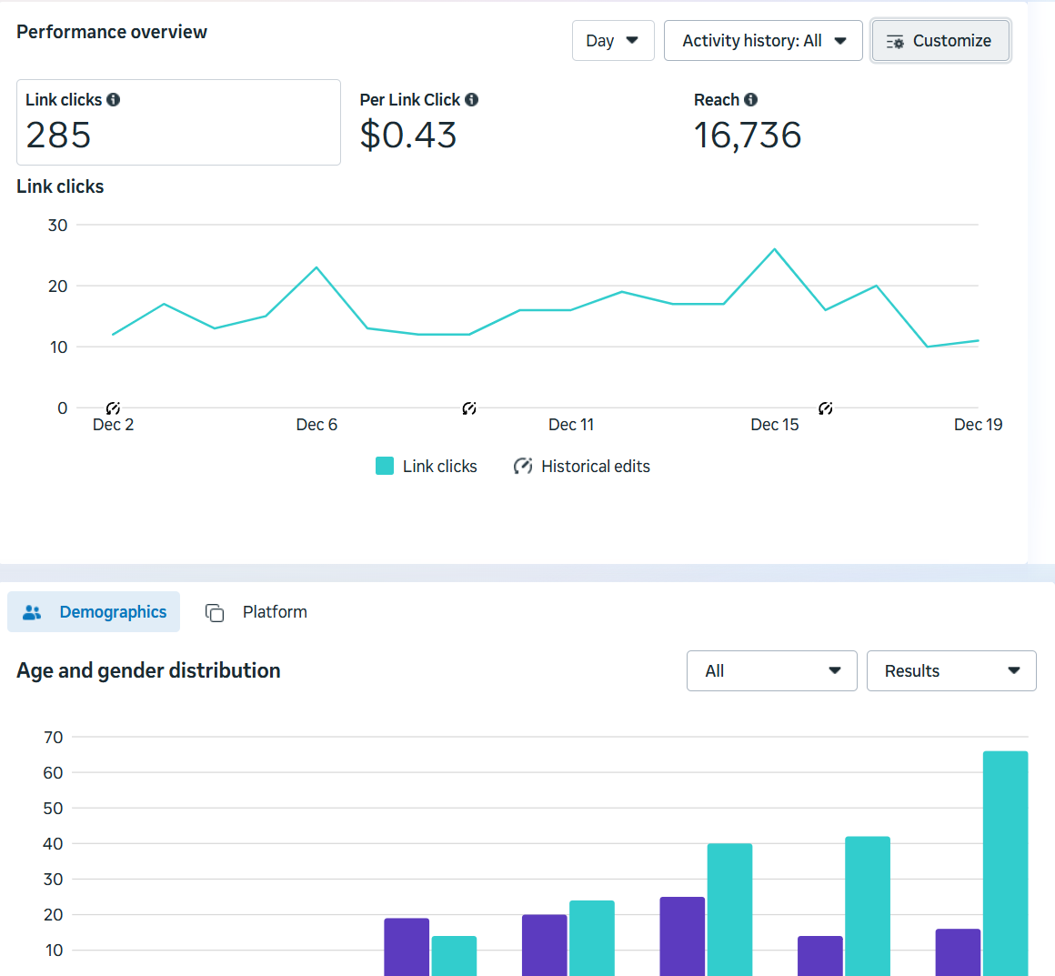 An example of paid media results using Meta Ad Manager. 
